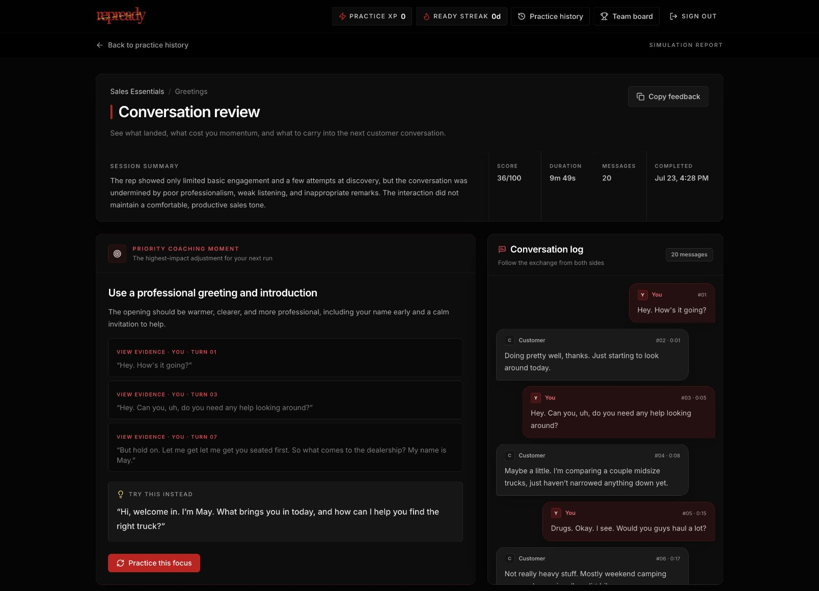 RepReady conversation review showing a coaching moment and message log